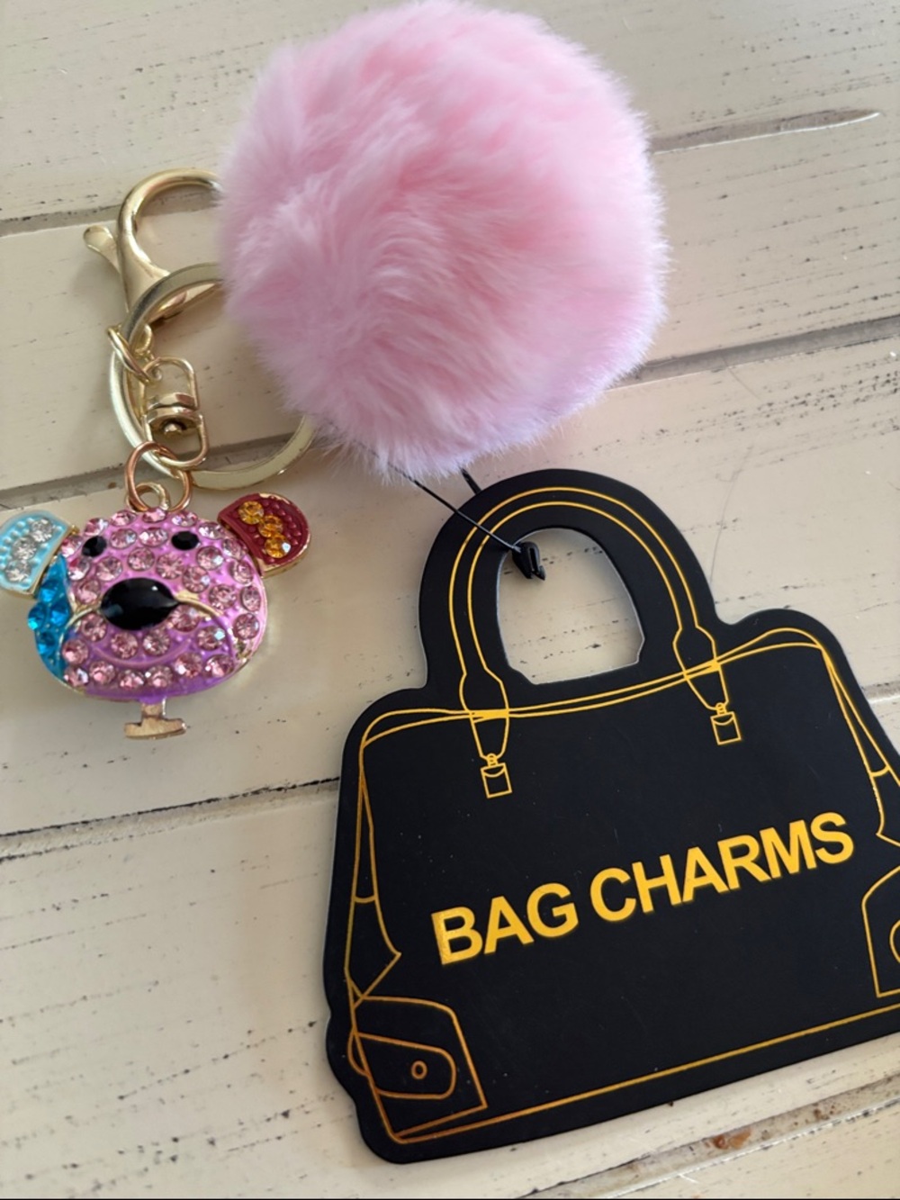 Pink Faux Fur Pom Pom Bag Charm with Sparkle Bear Charm